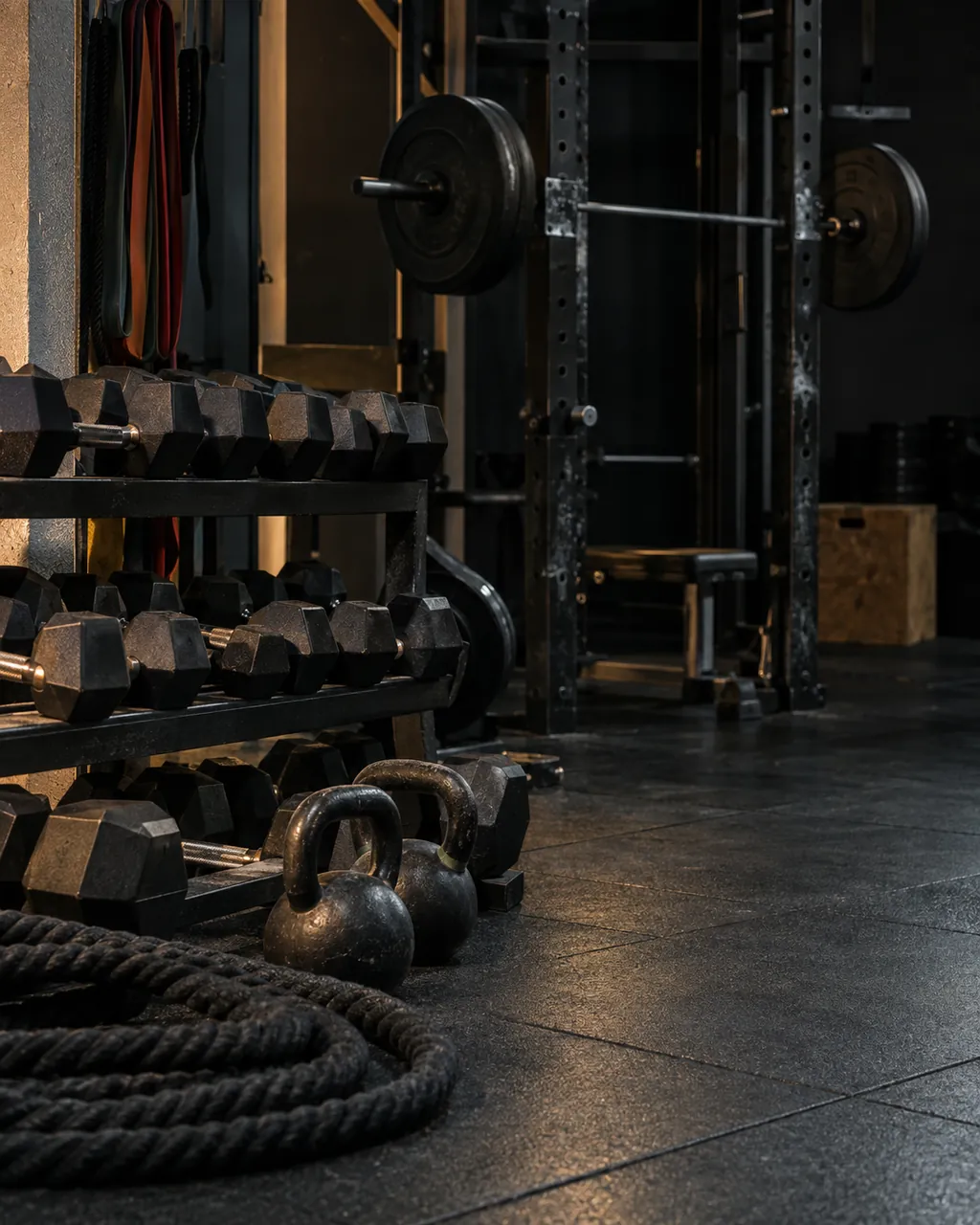 Área de peso livre com halteres em rack, kettlebells e corda.